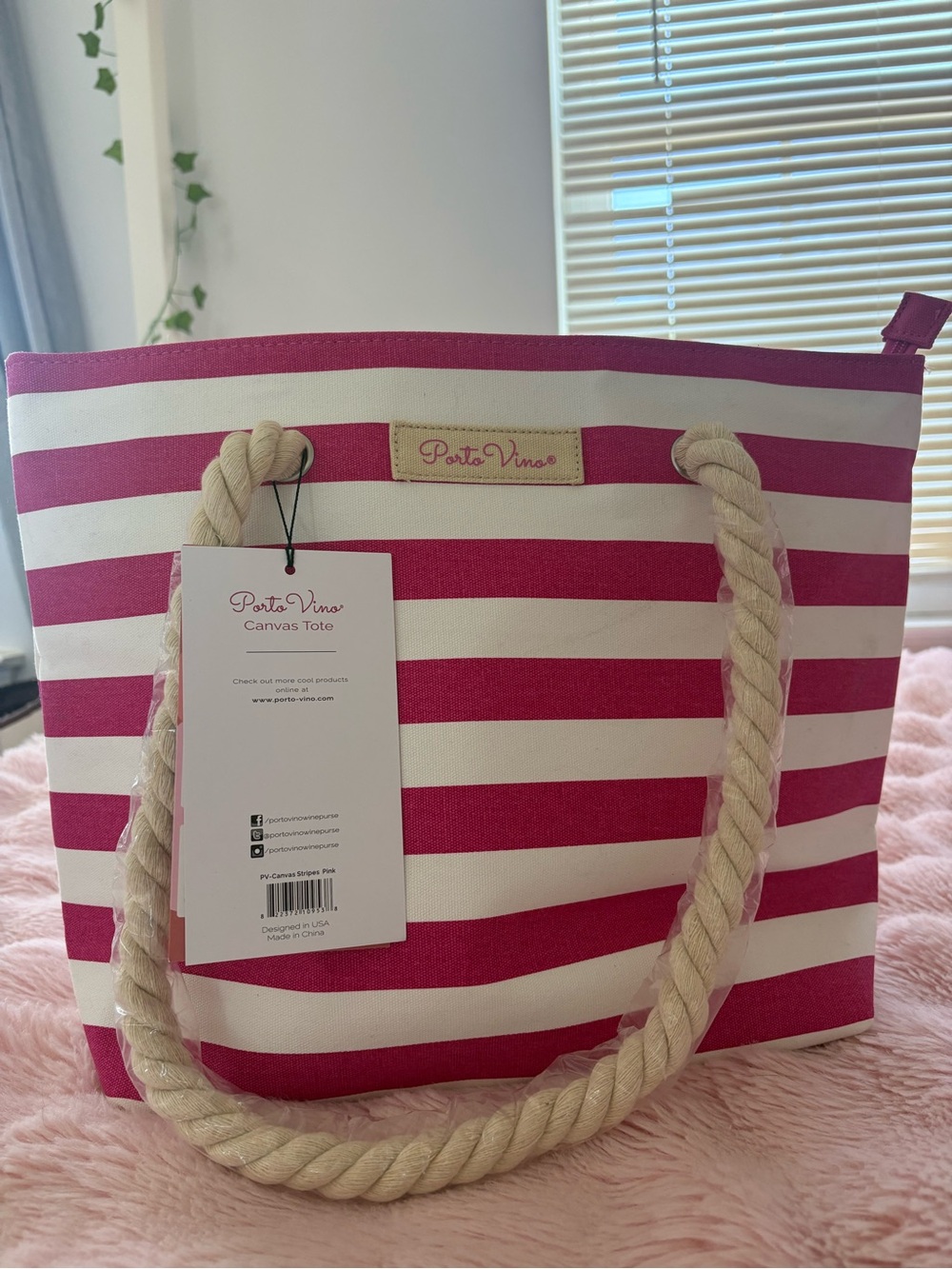 Pink & White Stripe Canvas Tote Bag